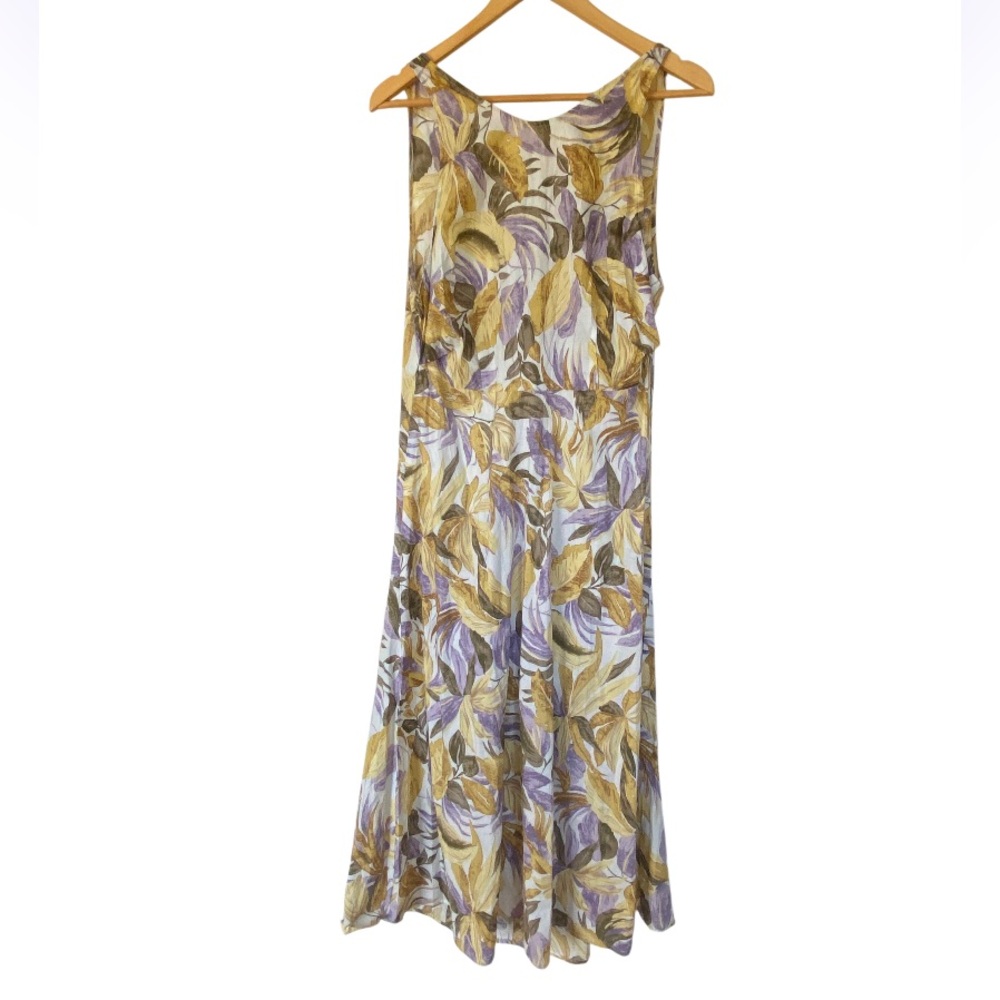 Sleeveless Midi Dress in Yellow and Lavender Leaf Print